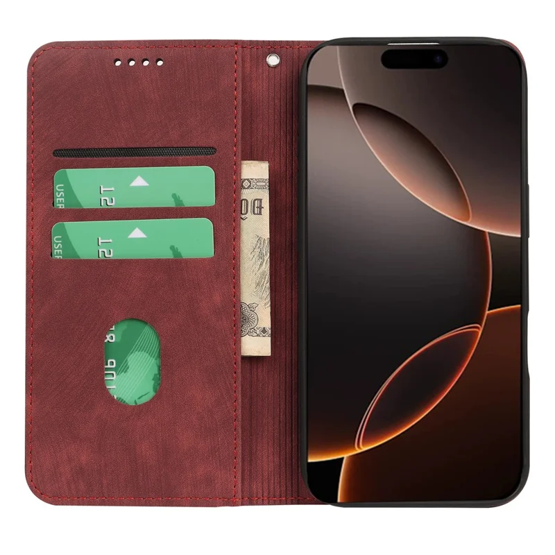 For iPhone 16 Pro Case Strong Magnetic Leather Wallet Phone Cover with Striped Texture - Red