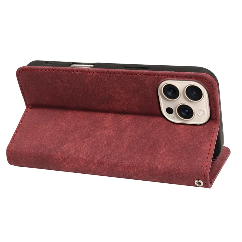 For iPhone 16 Pro Case Strong Magnetic Leather Wallet Phone Cover with Striped Texture - Red