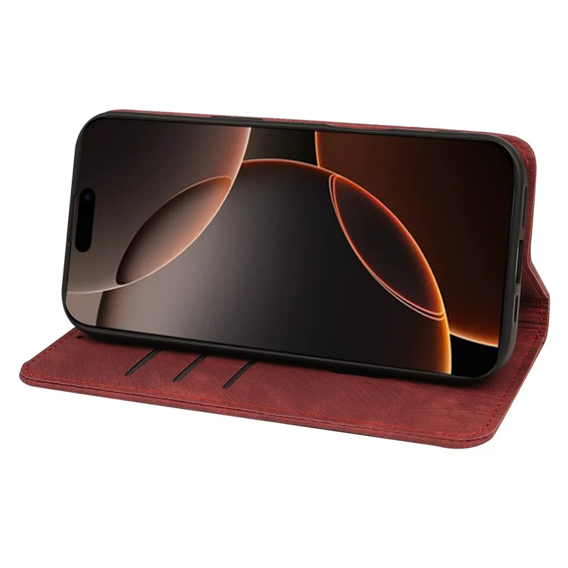 For iPhone 16 Pro Case Strong Magnetic Leather Wallet Phone Cover with Striped Texture - Red