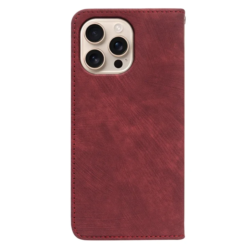 For iPhone 16 Pro Case Strong Magnetic Leather Wallet Phone Cover with Striped Texture - Red