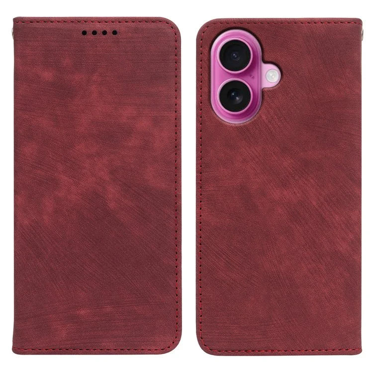 Custodia per iPhone 16 Plus, forte magnetica, in pelle, con copertura per telefono e texture a righe - Rosso