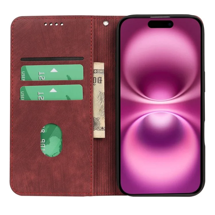 Custodia per iPhone 16 Plus, forte magnetica, in pelle, con copertura per telefono e texture a righe - Rosso