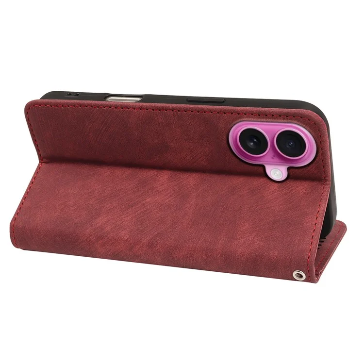 Custodia per iPhone 16 Plus, forte magnetica, in pelle, con copertura per telefono e texture a righe - Rosso
