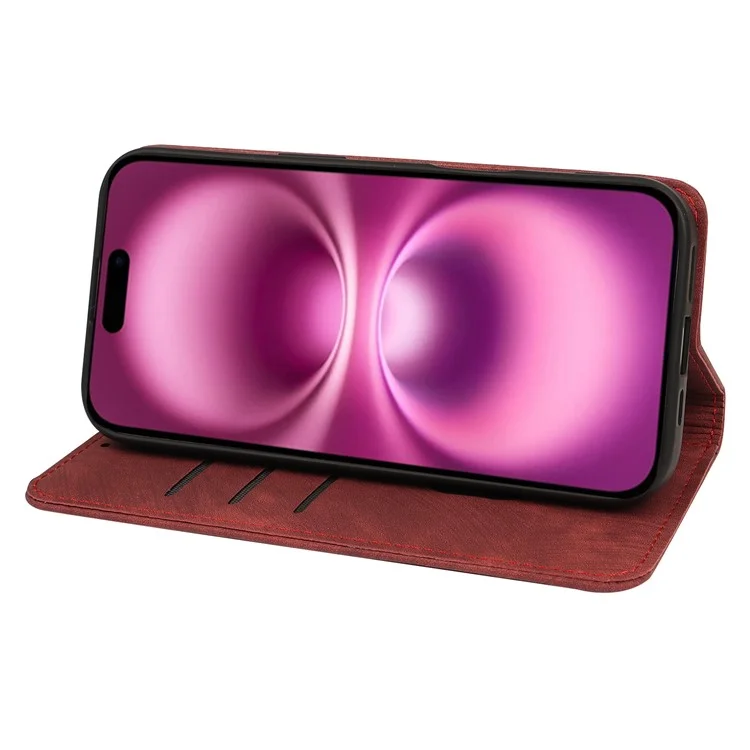 Custodia per iPhone 16 Plus, forte magnetica, in pelle, con copertura per telefono e texture a righe - Rosso