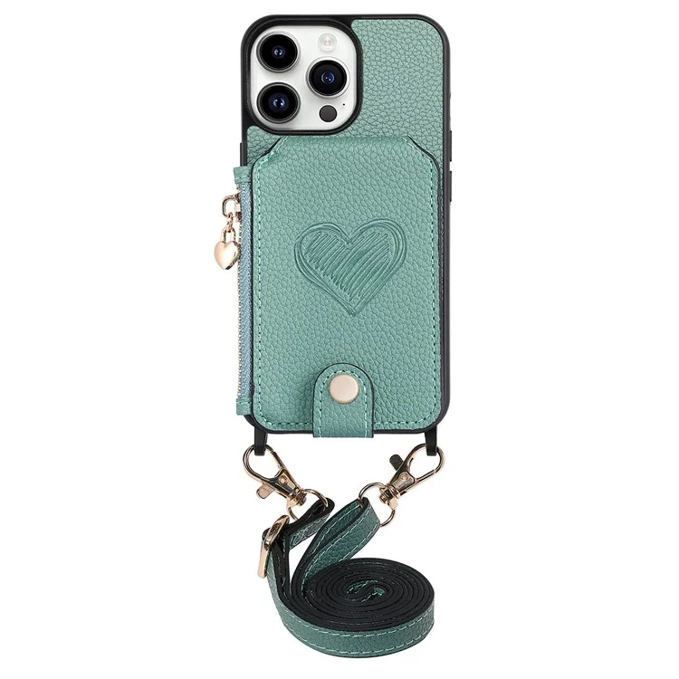 Coque pour iPhone 16 Pro avec porte-cartes, support et bandoulière en cuir - Bleu ciel