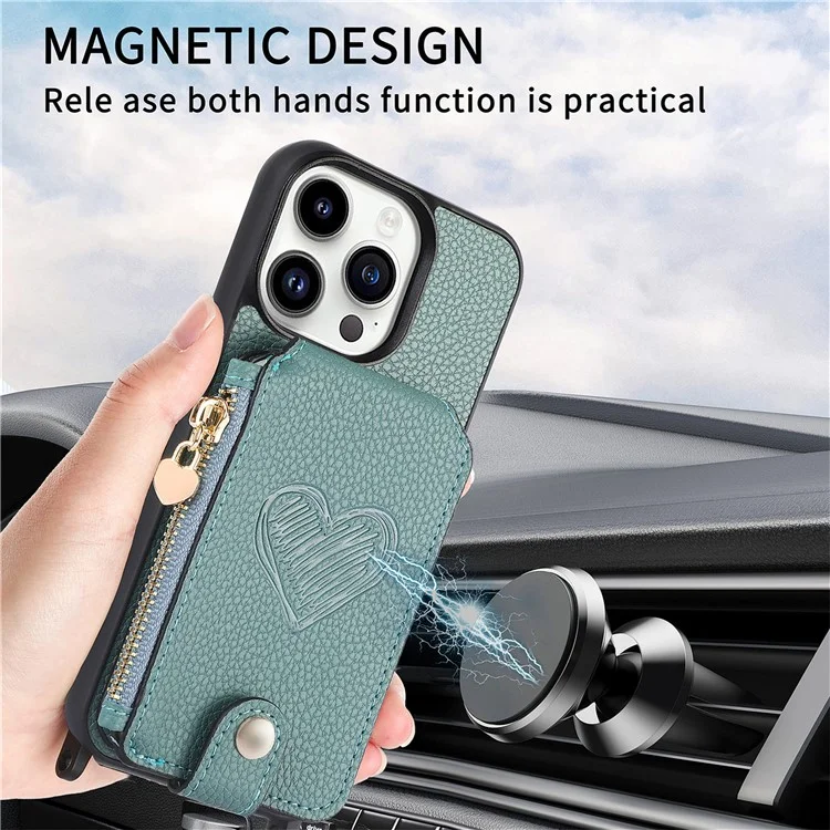 Coque pour iPhone 16 Pro avec porte-cartes, support et bandoulière en cuir - Bleu ciel