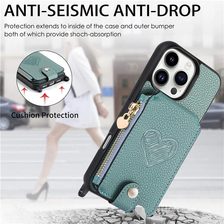 Coque pour iPhone 16 Pro avec porte-cartes, support et bandoulière en cuir - Bleu ciel