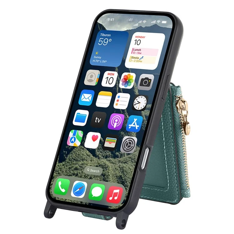 Coque pour iPhone 16 Pro avec porte-cartes, support et bandoulière en cuir - Bleu ciel
