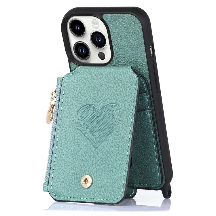 Coque pour iPhone 16 Pro avec porte-cartes, support et bandoulière en cuir - Bleu ciel