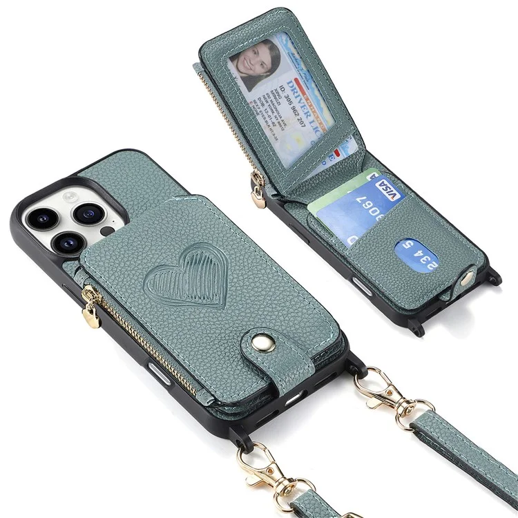 Coque pour iPhone 16 Pro avec porte-cartes, support et bandoulière en cuir - Bleu ciel