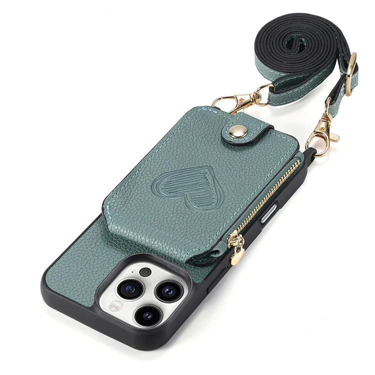 Coque pour iPhone 16 Pro avec porte-cartes, support et bandoulière en cuir - Bleu ciel