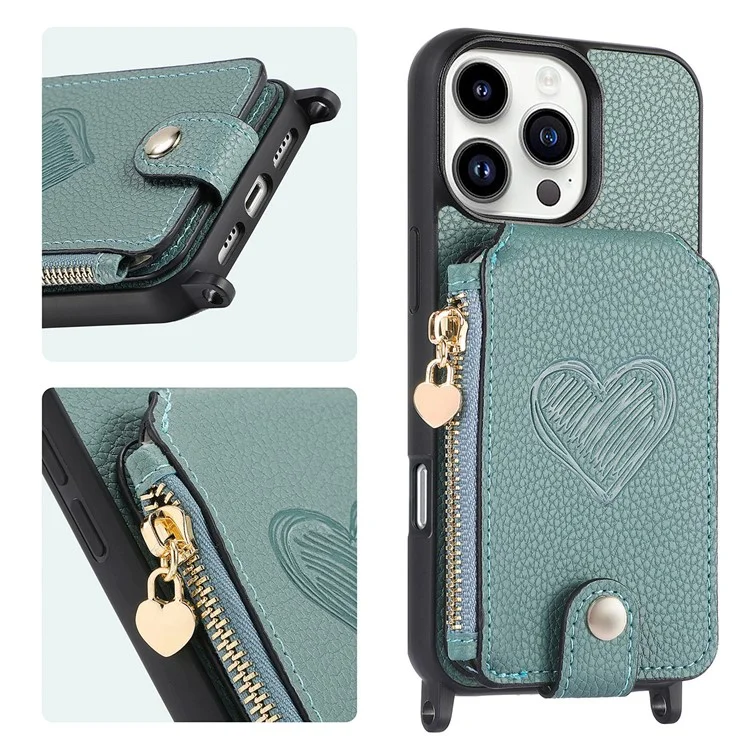 Coque pour iPhone 16 Pro avec porte-cartes, support et bandoulière en cuir - Bleu ciel