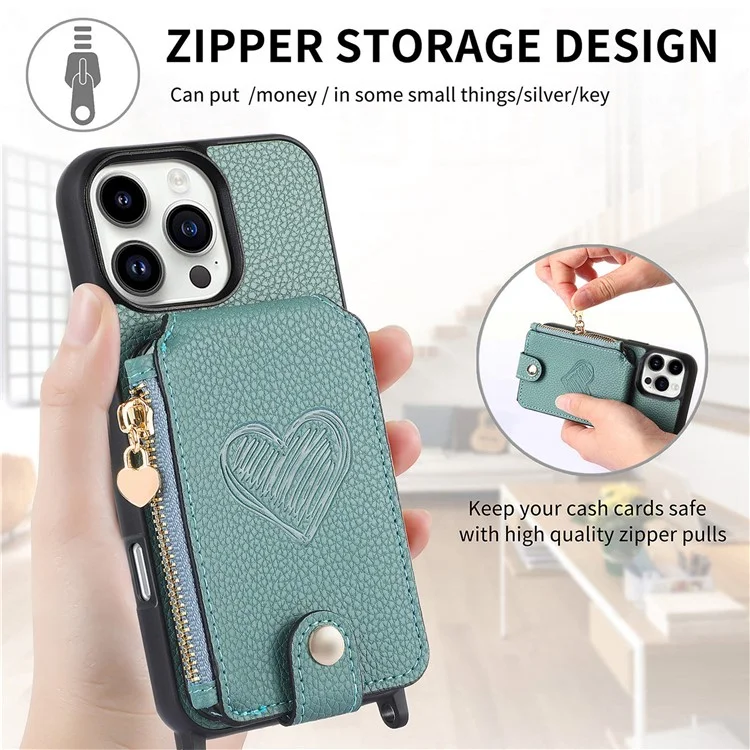 Coque pour iPhone 16 Pro avec porte-cartes, support et bandoulière en cuir - Bleu ciel