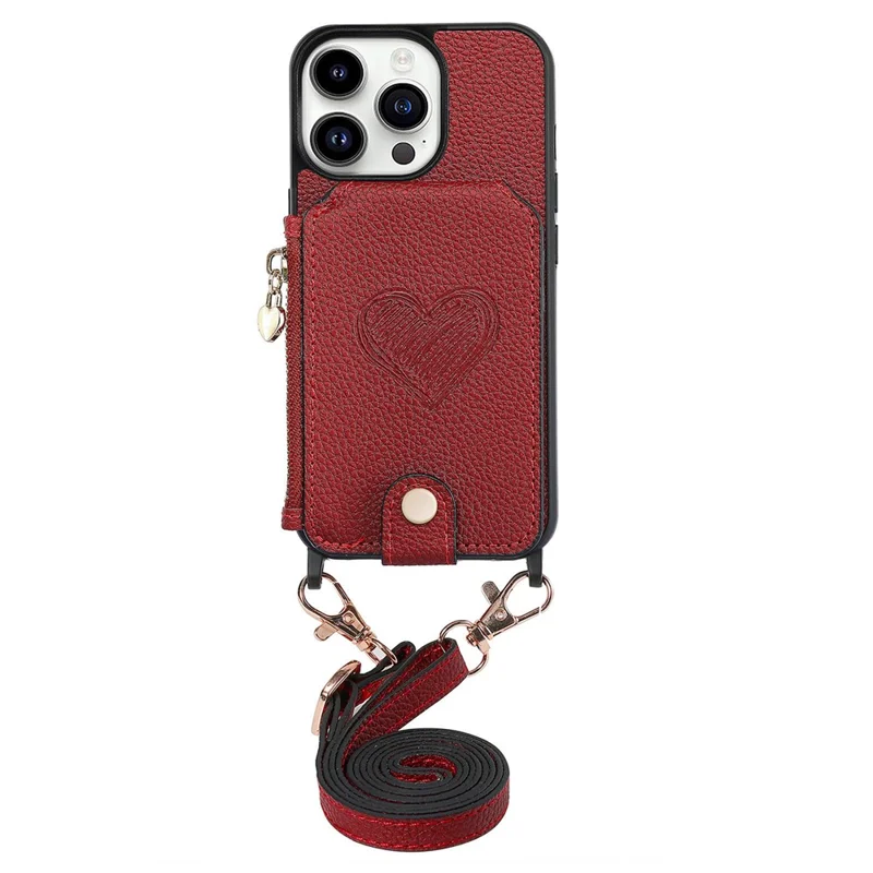 For iPhone 16 Pro Case Card Holder Kickstand Leather Back Cover with Shoulder Strap - Red