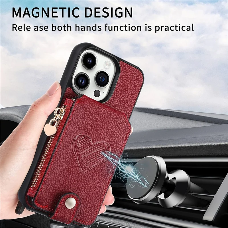 For iPhone 16 Pro Case Card Holder Kickstand Leather Back Cover with Shoulder Strap - Red