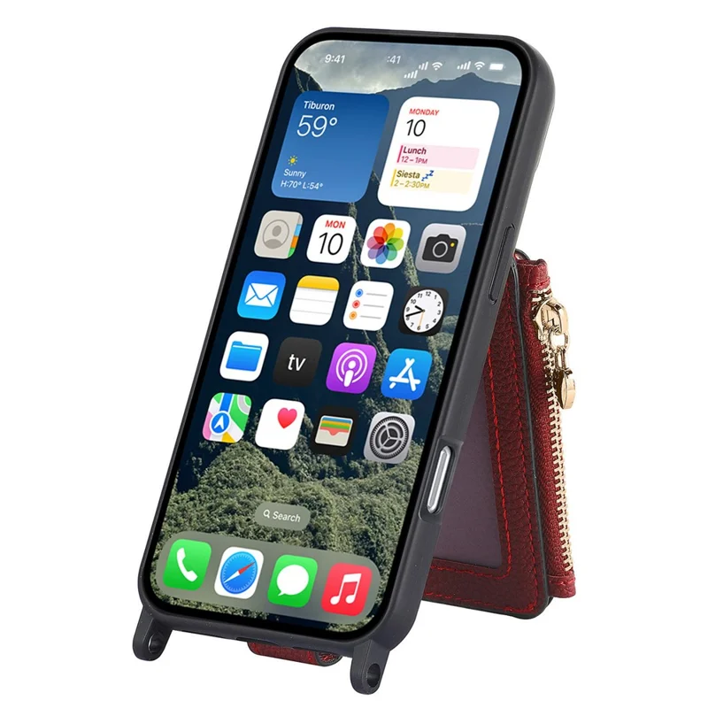 For iPhone 16 Pro Case Card Holder Kickstand Leather Back Cover with Shoulder Strap - Red