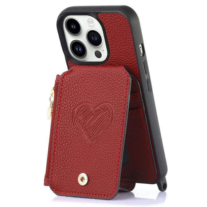 For iPhone 16 Pro Case Card Holder Kickstand Leather Back Cover with Shoulder Strap - Red
