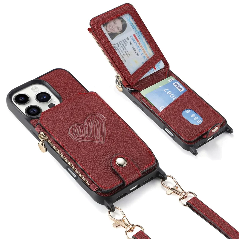 For iPhone 16 Pro Case Card Holder Kickstand Leather Back Cover with Shoulder Strap - Red