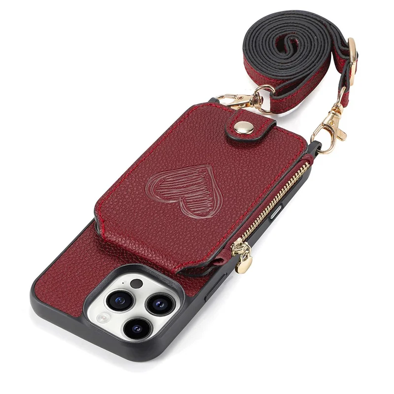 For iPhone 16 Pro Case Card Holder Kickstand Leather Back Cover with Shoulder Strap - Red