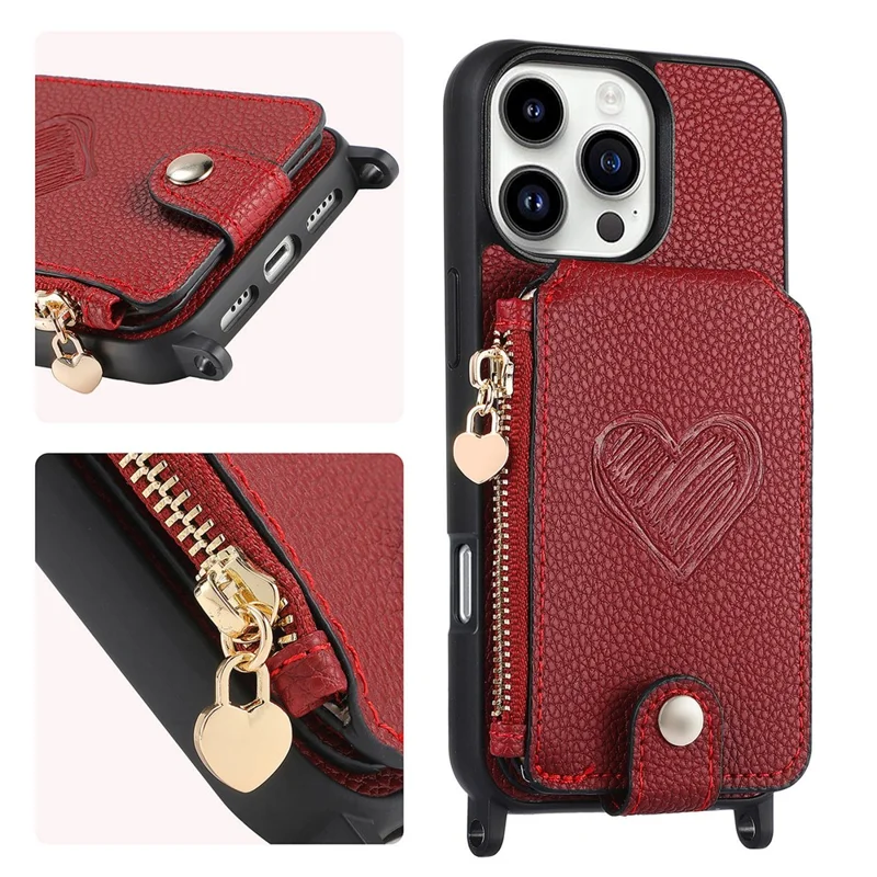 For iPhone 16 Pro Case Card Holder Kickstand Leather Back Cover with Shoulder Strap - Red