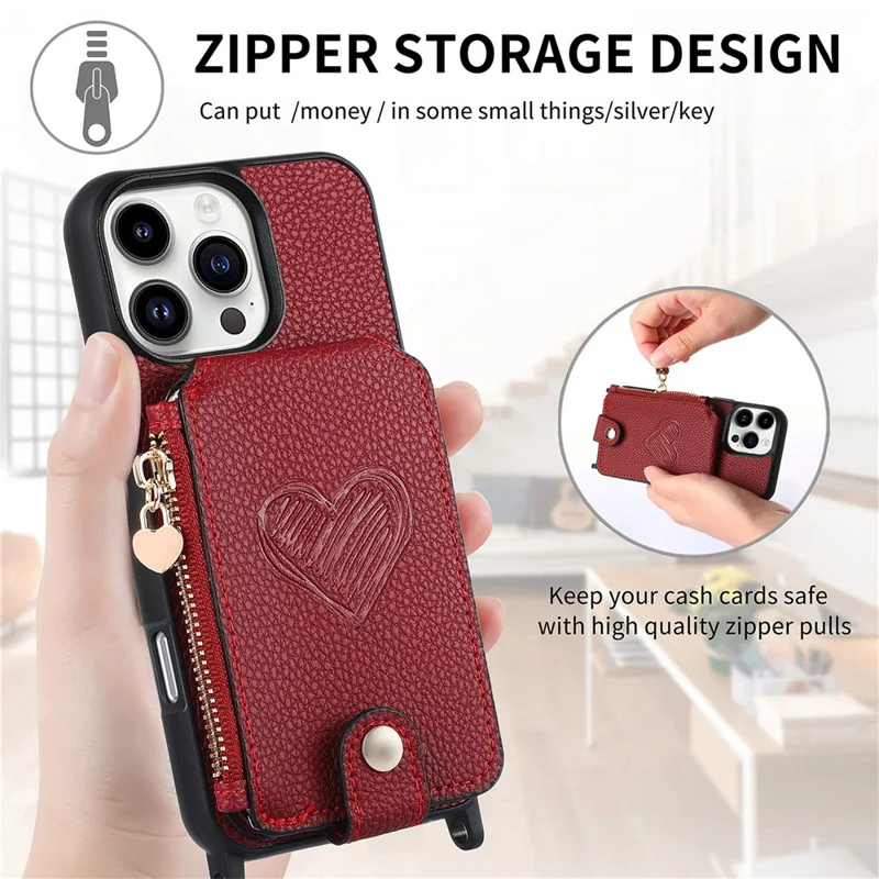 For iPhone 16 Pro Case Card Holder Kickstand Leather Back Cover with Shoulder Strap - Red