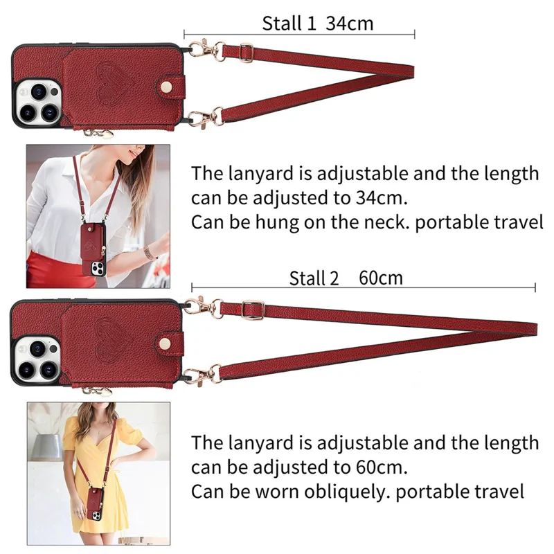 For iPhone 16 Pro Case Card Holder Kickstand Leather Back Cover with Shoulder Strap - Red