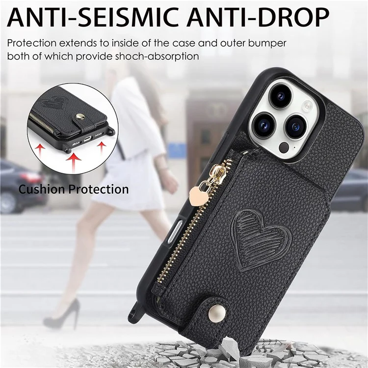 Coque pour iPhone 16 Pro Max avec porte-cartes, support et bandoulière - Noir