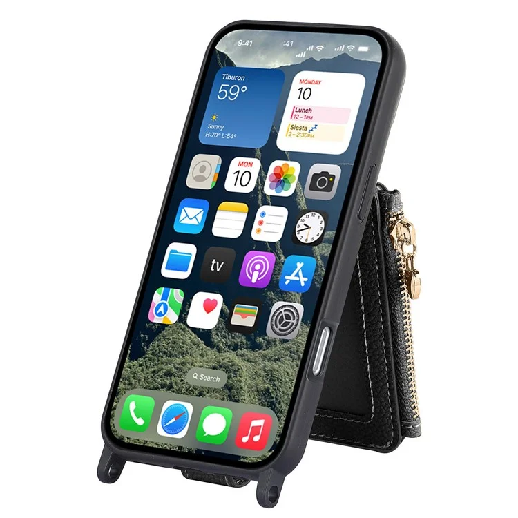 Coque pour iPhone 16 Pro Max avec porte-cartes, support et bandoulière - Noir