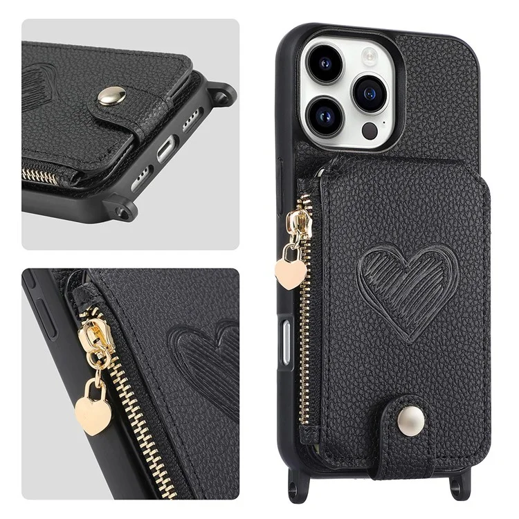 Coque pour iPhone 16 Pro Max avec porte-cartes, support et bandoulière - Noir