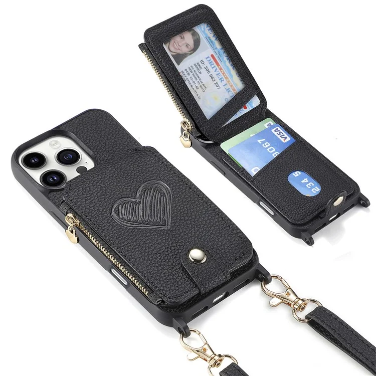 Coque pour iPhone 16 Pro Max avec porte-cartes, support et bandoulière - Noir