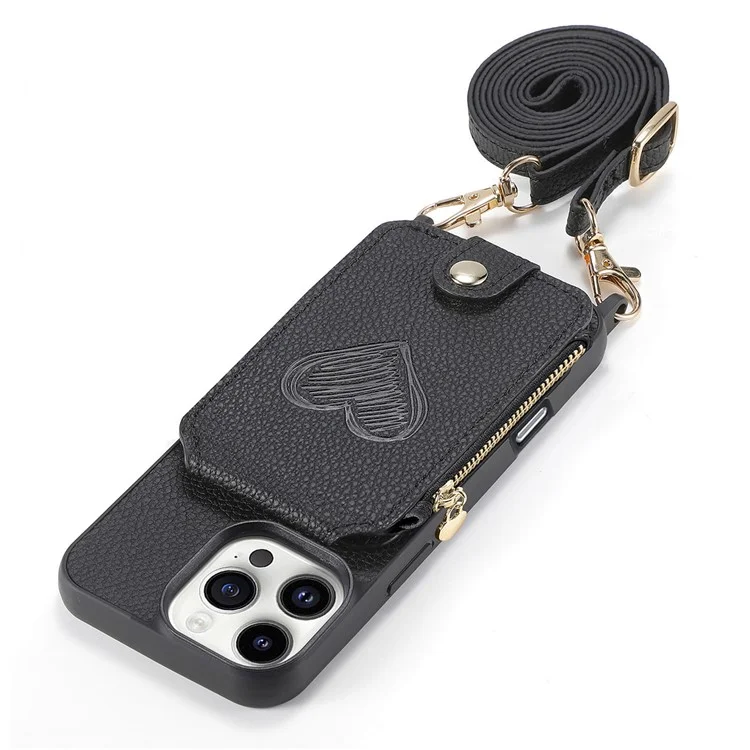 Coque pour iPhone 16 Pro Max avec porte-cartes, support et bandoulière - Noir
