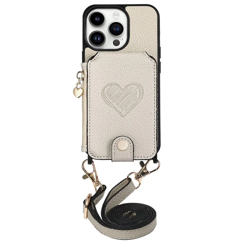 For iPhone 16 Pro Max Case Card Holder Kickstand Leather Back Cover with Shoulder Strap - Light Grey