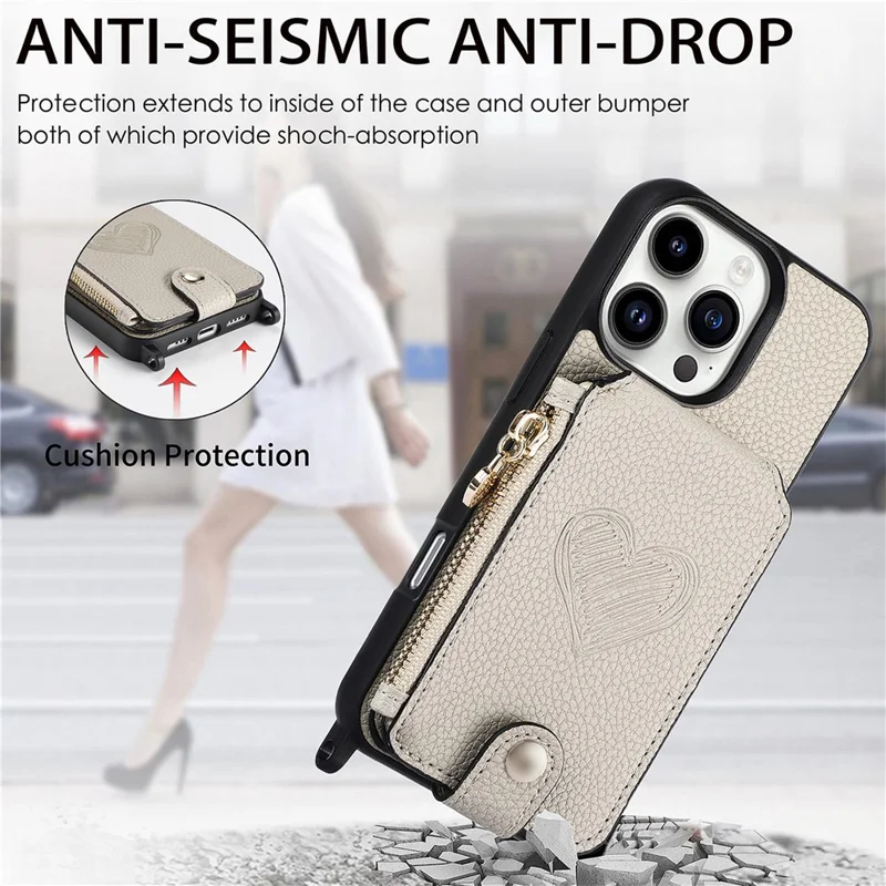 For iPhone 16 Pro Max Case Card Holder Kickstand Leather Back Cover with Shoulder Strap - Light Grey