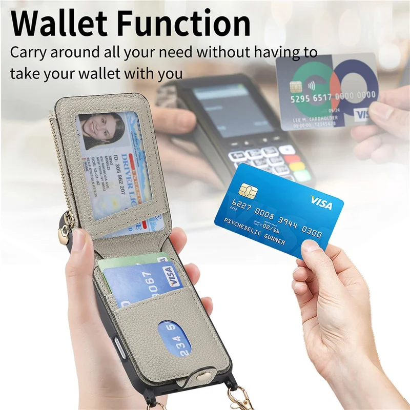 For iPhone 16 Pro Max Case Card Holder Kickstand Leather Back Cover with Shoulder Strap - Light Grey