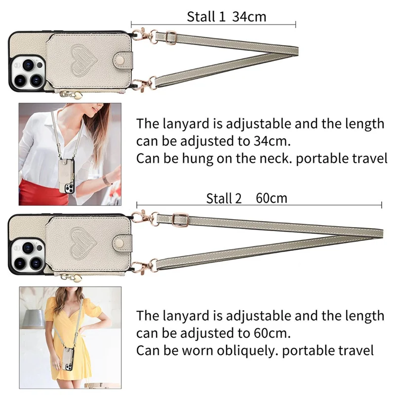 For iPhone 16 Pro Max Case Card Holder Kickstand Leather Back Cover with Shoulder Strap - Light Grey