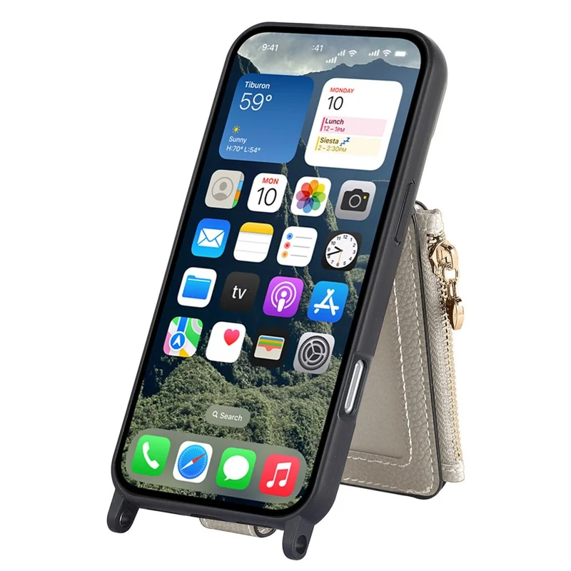 For iPhone 16 Pro Max Case Card Holder Kickstand Leather Back Cover with Shoulder Strap - Light Grey