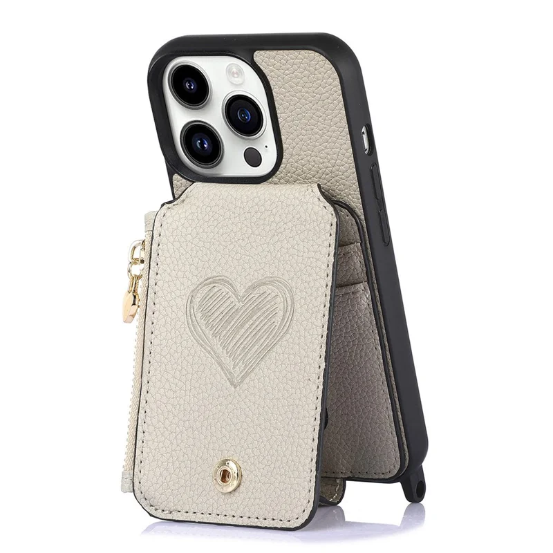 For iPhone 16 Pro Max Case Card Holder Kickstand Leather Back Cover with Shoulder Strap - Light Grey