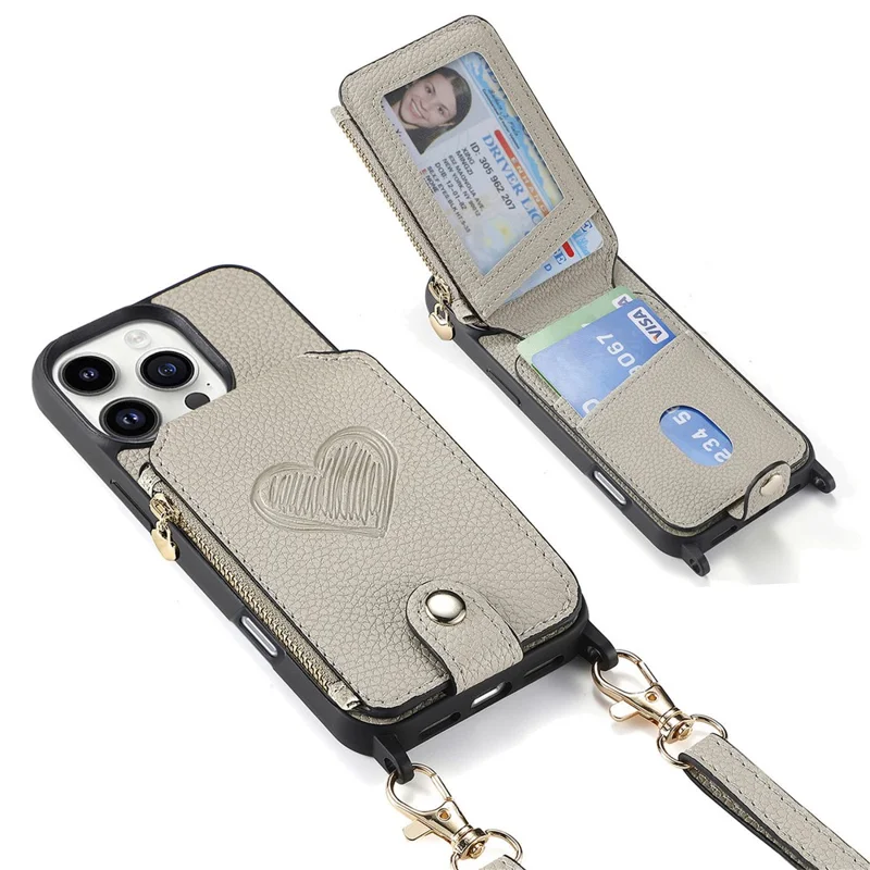 For iPhone 16 Pro Max Case Card Holder Kickstand Leather Back Cover with Shoulder Strap - Light Grey