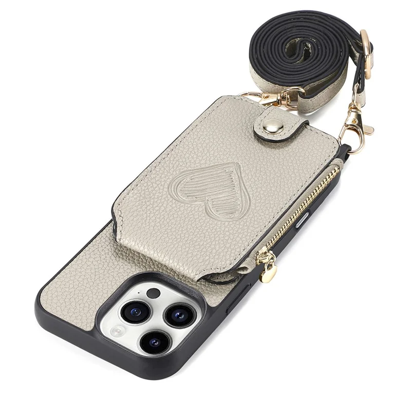 For iPhone 16 Pro Max Case Card Holder Kickstand Leather Back Cover with Shoulder Strap - Light Grey