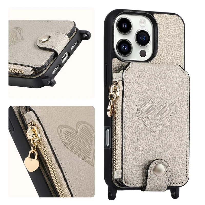 For iPhone 16 Pro Max Case Card Holder Kickstand Leather Back Cover with Shoulder Strap - Light Grey