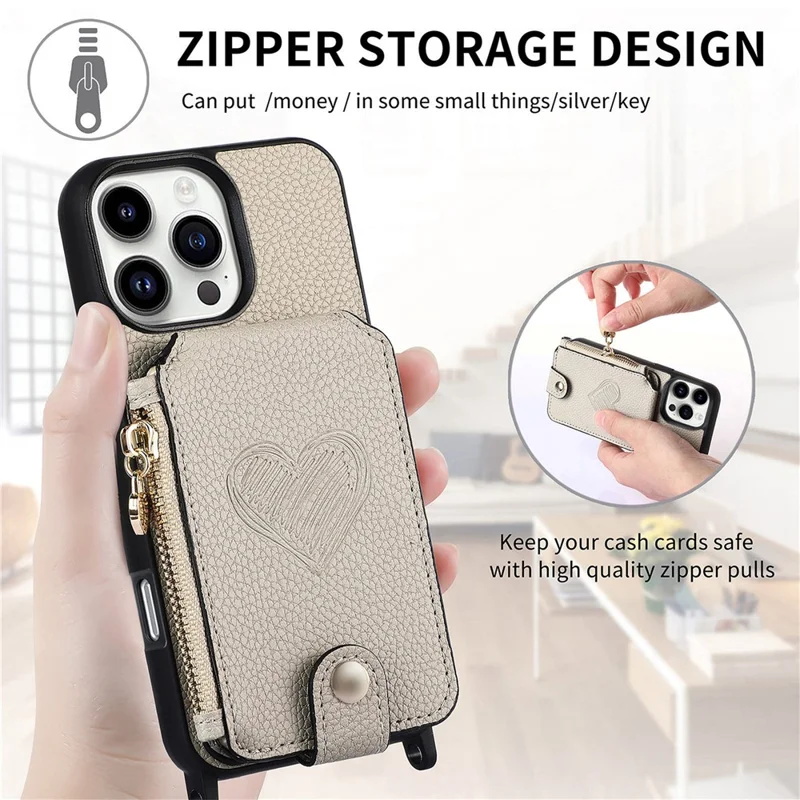 For iPhone 16 Pro Max Case Card Holder Kickstand Leather Back Cover with Shoulder Strap - Light Grey