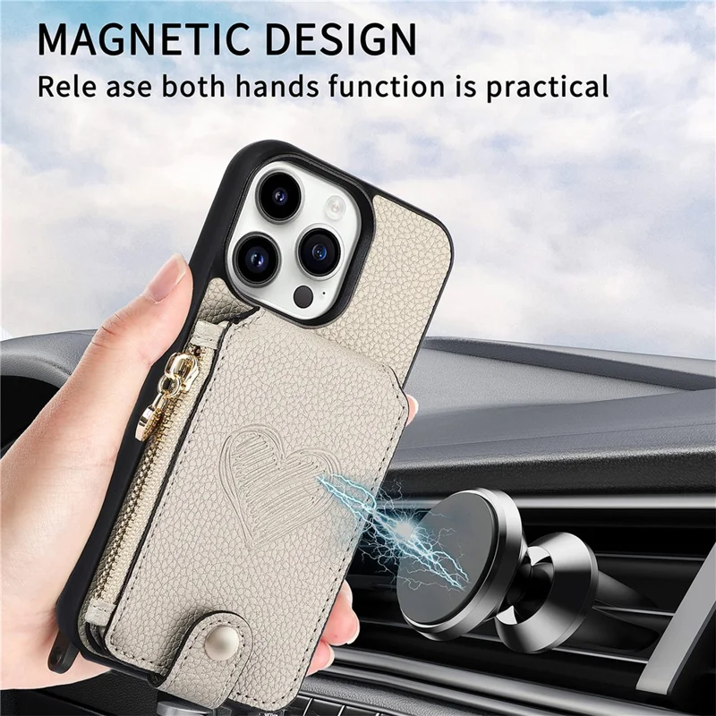 For iPhone 16 Pro Max Case Card Holder Kickstand Leather Back Cover with Shoulder Strap - Light Grey