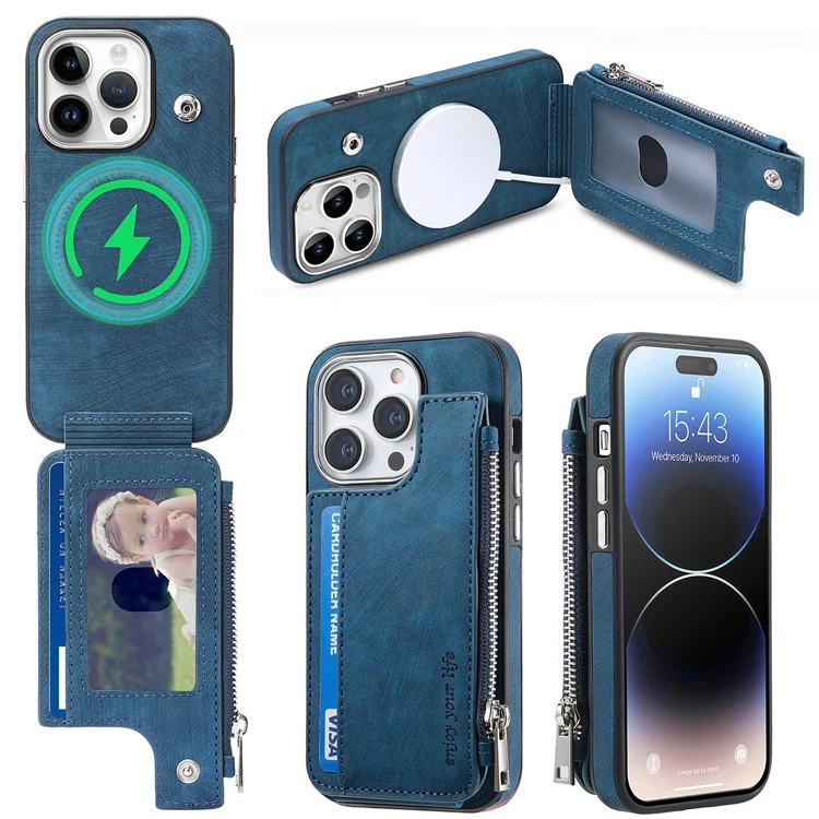 Für iPhone 15 Pro Max Magnetisches Kartenetui mit Ständer TPU + Lederrückseite - Blau