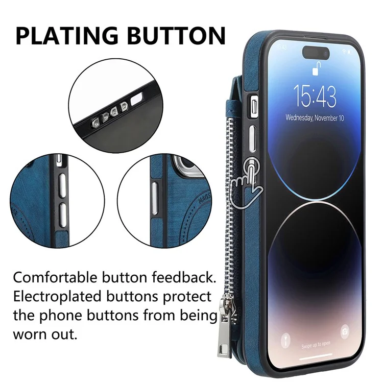 Für iPhone 15 Pro Max Magnetisches Kartenetui mit Ständer TPU + Lederrückseite - Blau