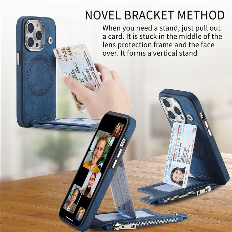 Für iPhone 15 Pro Max Magnetisches Kartenetui mit Ständer TPU + Lederrückseite - Blau