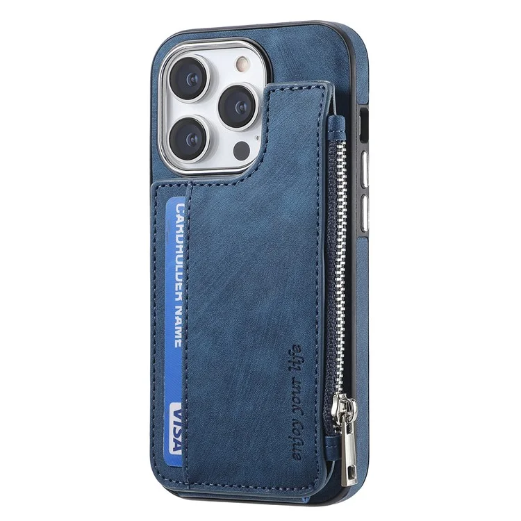 Für iPhone 15 Pro Max Magnetisches Kartenetui mit Ständer TPU + Lederrückseite - Blau