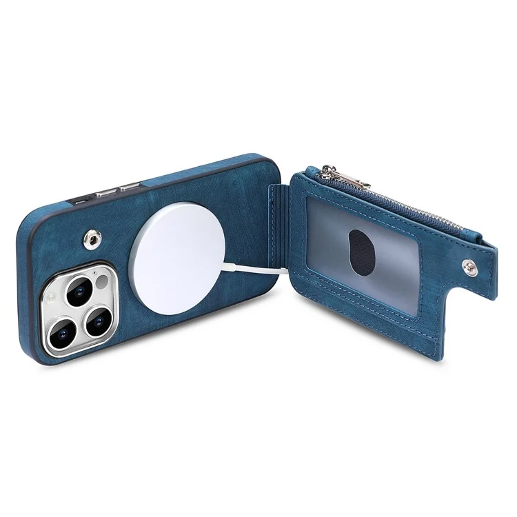 Für iPhone 15 Pro Max Magnetisches Kartenetui mit Ständer TPU + Lederrückseite - Blau