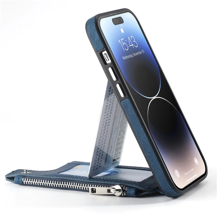 Für iPhone 15 Pro Max Magnetisches Kartenetui mit Ständer TPU + Lederrückseite - Blau
