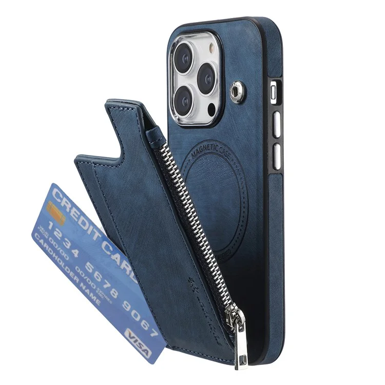 Für iPhone 15 Pro Max Magnetisches Kartenetui mit Ständer TPU + Lederrückseite - Blau