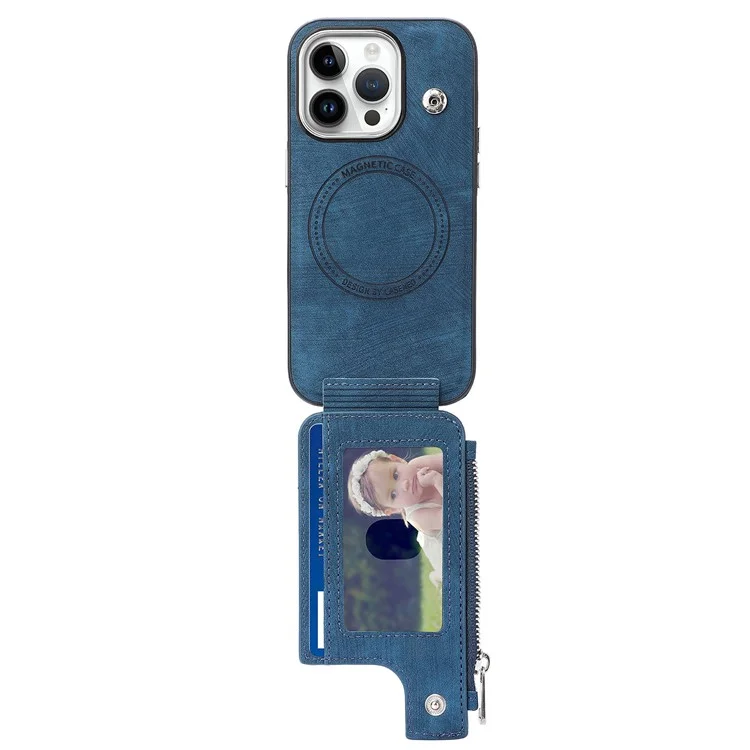 Für iPhone 15 Pro Max Magnetisches Kartenetui mit Ständer TPU + Lederrückseite - Blau